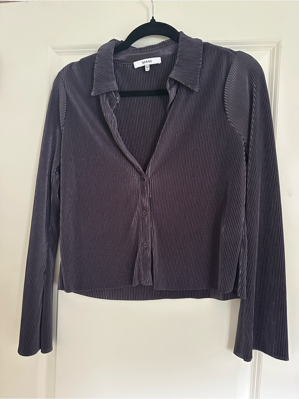Ribbed Button-Front Silk Style Long Sleeve Top in Purple